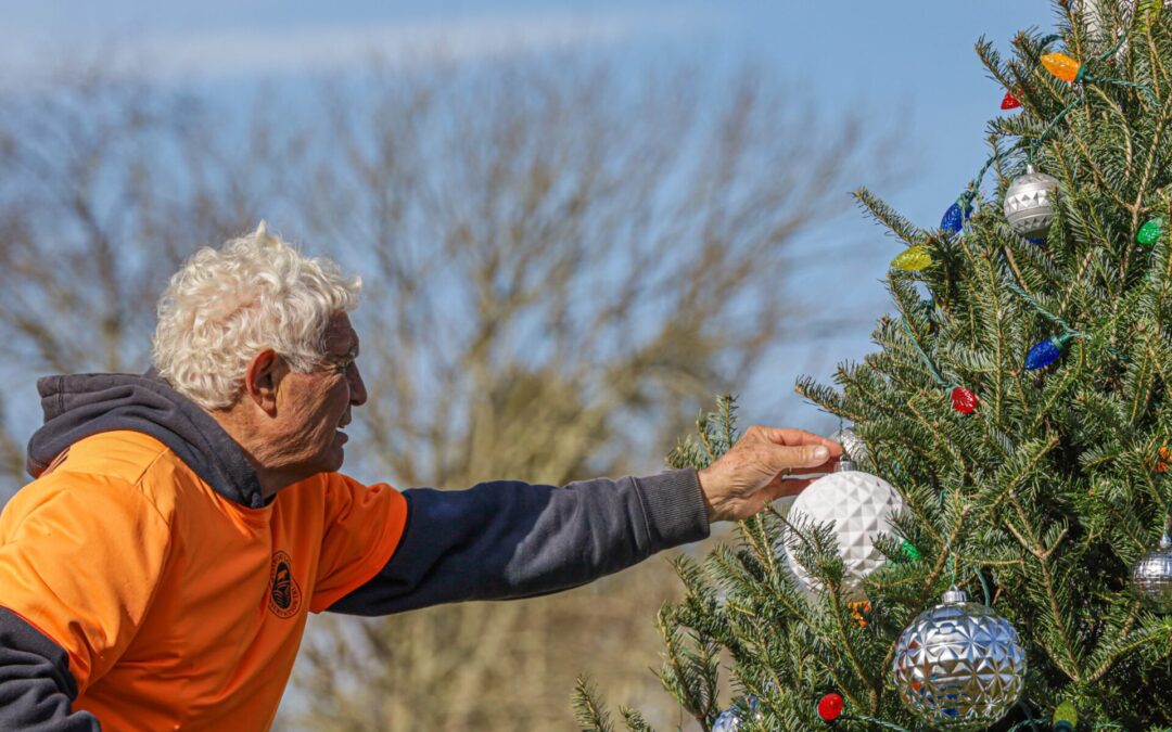 man with white hair and orange t-shirt over a blue hoodie places a sparkly white ornament on a green tree with blue sky